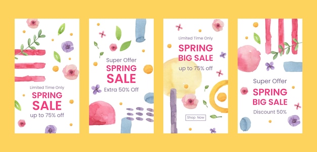 Vector gratuito colección de historias de instagram de primavera floral acuarela