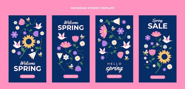 Vector gratuito colección de historias de instagram de primavera plana