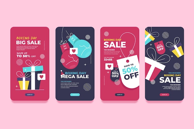 Vector gratuito colección de historias de instagram de rebajas de boxing day