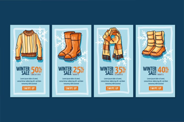 Vector gratuito colección de historias de instagram de rebajas de invierno dibujadas a mano