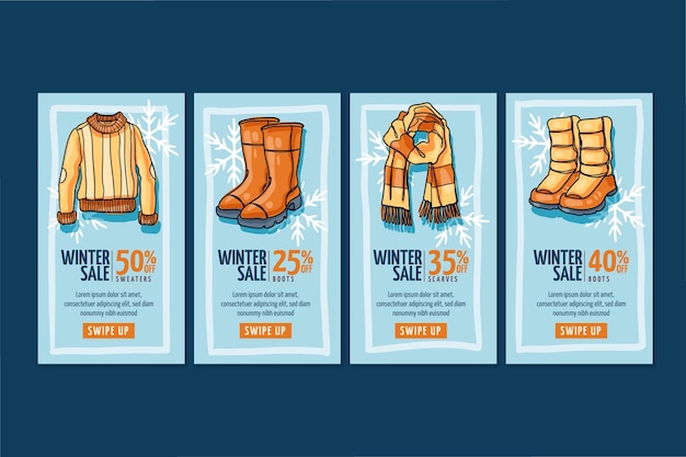 Colección de historias de instagram de rebajas de invierno dibujadas a mano