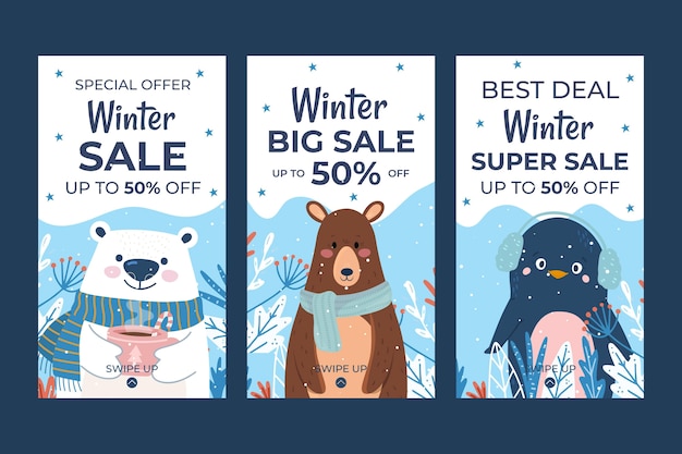 Colección de historias de instagram de rebajas de invierno planas dibujadas a mano con animales de invierno