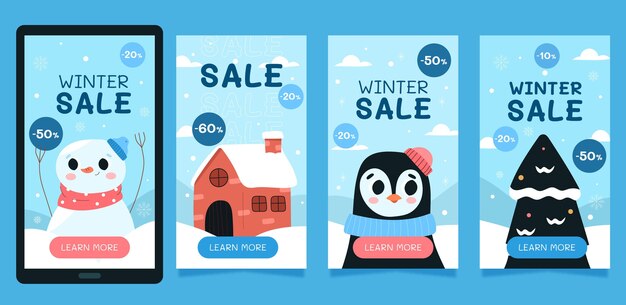 Colección de historias de instagram de rebajas de invierno planas dibujadas a mano