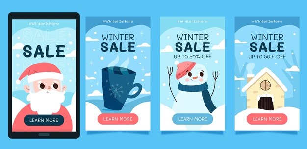 Colección de historias de instagram de rebajas de invierno planas dibujadas a mano