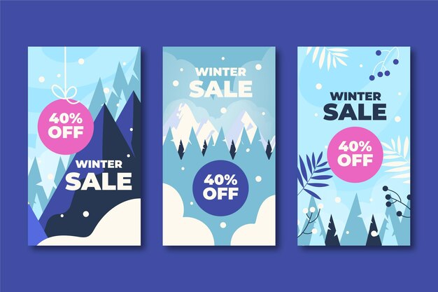 Colección de historias de instagram de rebajas de invierno planas dibujadas a mano