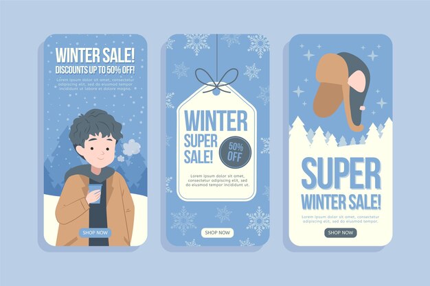 Colección de historias de instagram de rebajas de invierno planas dibujadas a mano