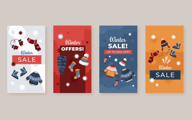 Colección de historias de instagram de rebajas de invierno planas dibujadas a mano