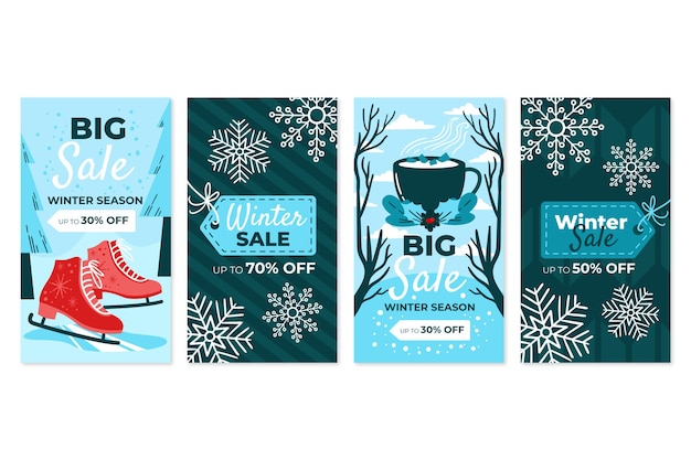 Colección de historias de instagram de rebajas de invierno planas dibujadas a mano