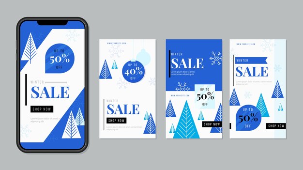 Colección de historias de instagram de rebajas de invierno planas dibujadas a mano