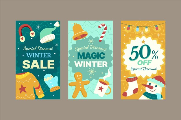 Colección de historias de instagram de rebajas de invierno planas dibujadas a mano