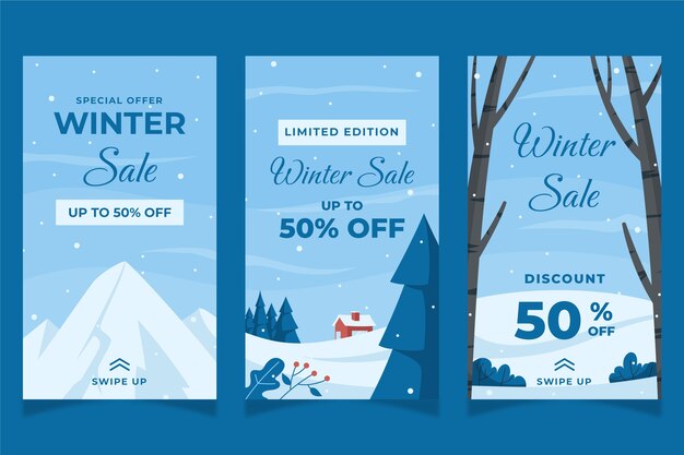 Colección de historias de instagram de rebajas de invierno planas dibujadas a mano