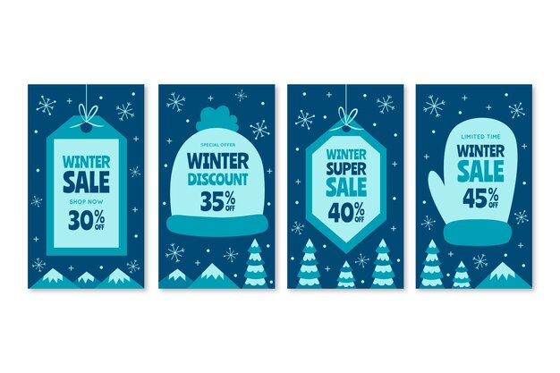 Colección de historias de instagram de rebajas de invierno planas dibujadas a mano