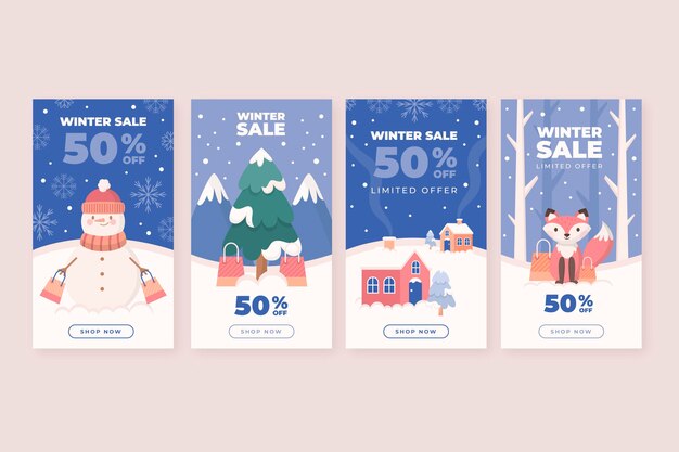Colección de historias de instagram de rebajas de invierno planas