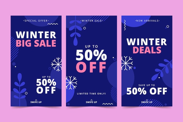 Vector gratuito colección de historias de instagram de rebajas de invierno planas