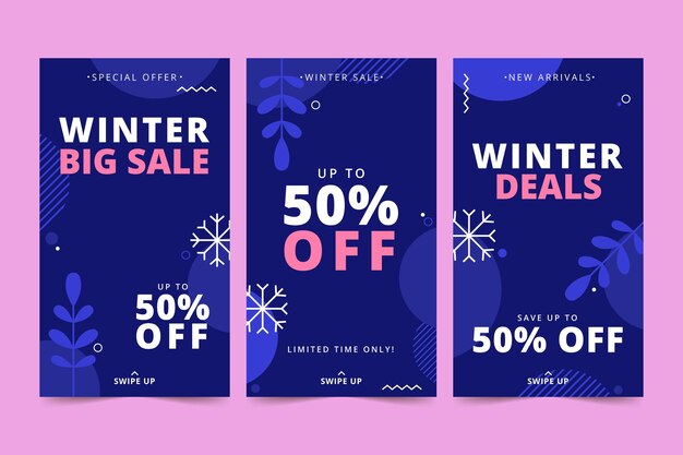 Colección de historias de instagram de rebajas de invierno planas