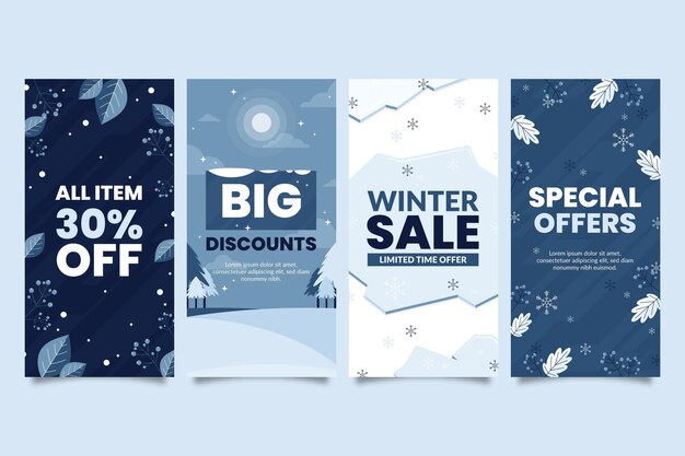 Colección de historias de instagram de rebajas de invierno planas