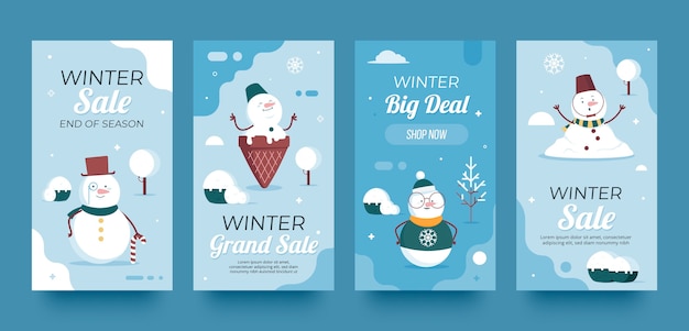 Vector gratuito colección de historias de instagram de rebajas de invierno planas