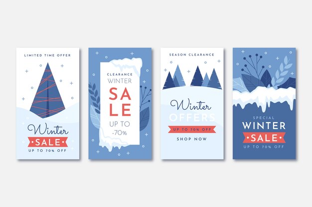 Colección de historias de instagram de rebajas de invierno planas