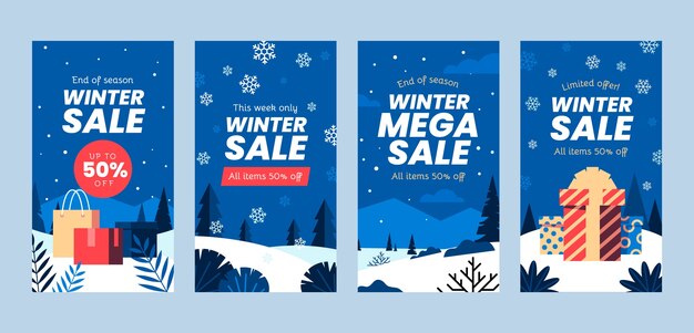 Colección de historias de instagram de rebajas de invierno planas