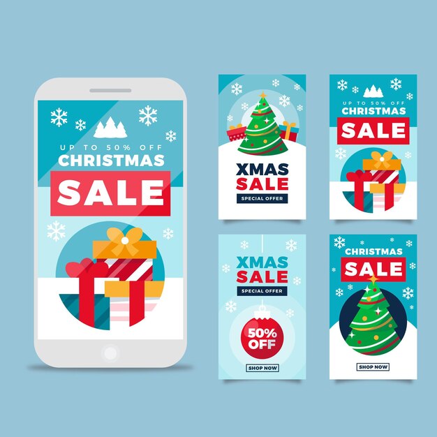 Vector gratuito colección de historias de instagram de rebajas de navidad