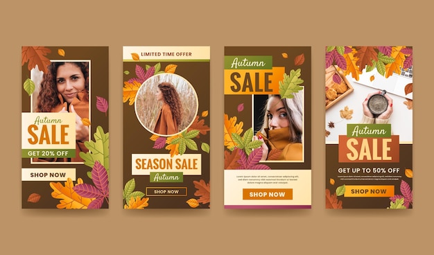 Vector gratuito colección de historias de instagram de rebajas de otoño gradiente con foto