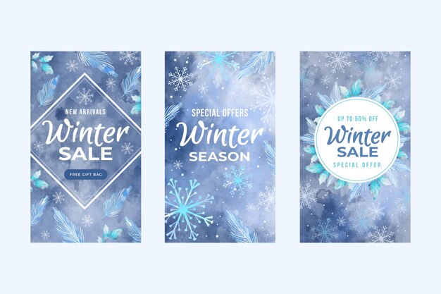 Colección de historias de instagram de rebajas de temporada de invierno en acuarela