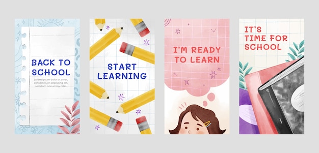 Vector gratuito colección de historias de instagram de regreso a la escuela en acuarela