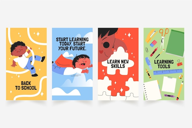 Vector gratuito colección de historias de instagram de regreso a la escuela dibujadas a mano