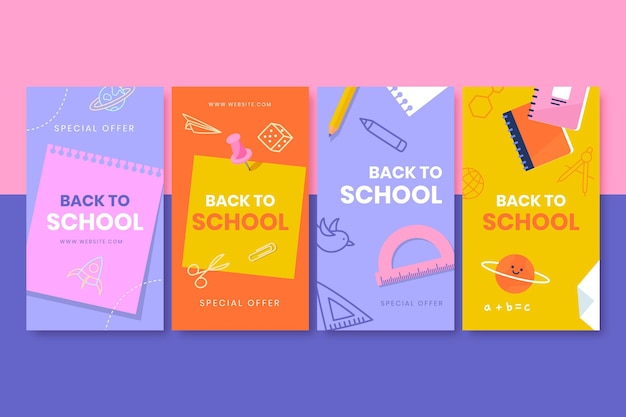 Vector gratuito colección de historias de instagram de regreso a la escuela dibujadas a mano