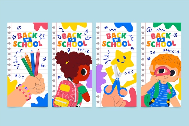 Colección de historias de instagram de regreso a la escuela de dibujos animados