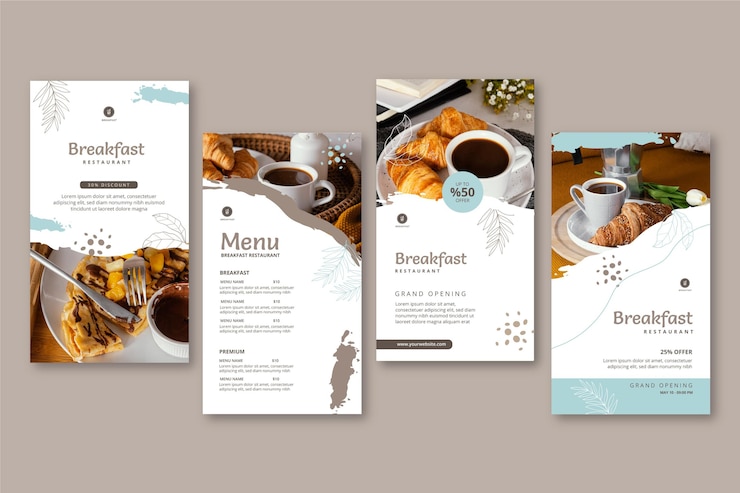 Vector gratuito colección de historias de instagram de restaurante de desayuno