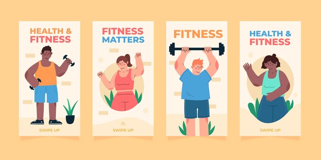 Colección de historias de instagram de salud y fitness dibujadas a mano