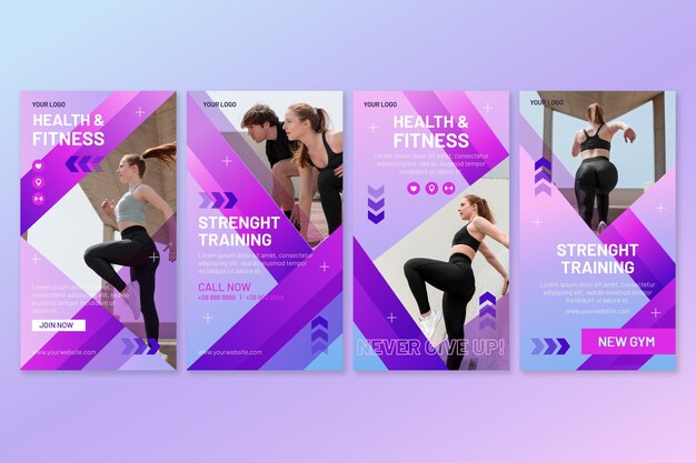 Colección de historias de instagram de salud y fitness gradiente con foto
