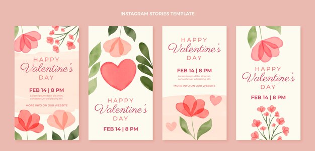 Colección de historias de instagram de san valentín en acuarela