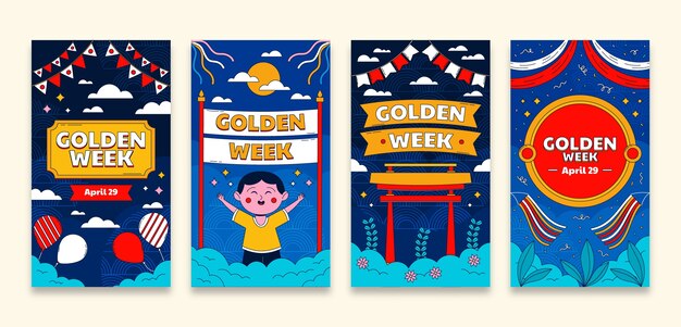 Colección de historias de Instagram de la semana dorada dibujada a mano