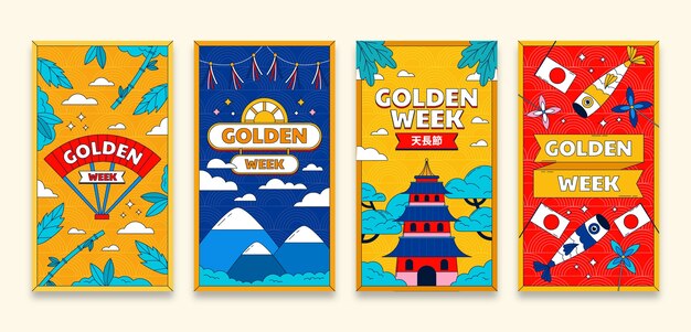 Colección de historias de Instagram de la semana dorada dibujada a mano