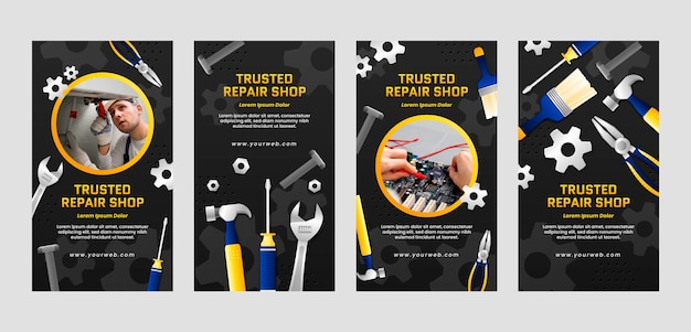 Colección de historias de instagram de servicios de taller de reparación de automóviles degradados