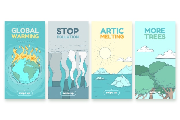 Colección de historias de instagram sobre cambio climático dibujadas a mano