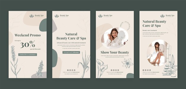 Colección de historias de instagram de spa de belleza dibujadas a mano