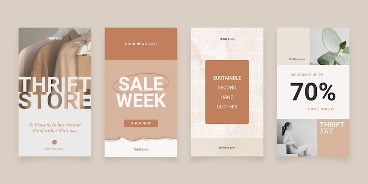 Vector gratuito colección de historias de instagram de tiendas de segunda mano dibujadas a mano