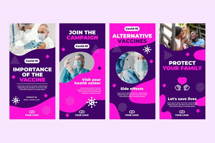 Vector gratuito colección de historias de instagram de vacunas planas con fotos
