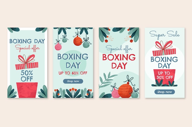 Vector gratuito colección de historias de instagram de venta de boxing day en acuarela