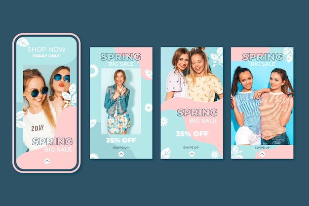 Vector gratuito colección de historias de instagram de venta de primavera encantadora