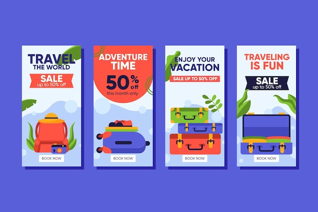 Vector gratuito colección de historias de instagram de venta de viajes