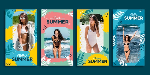 Vector gratuito colección de historias de instagram de verano dibujadas a mano con foto