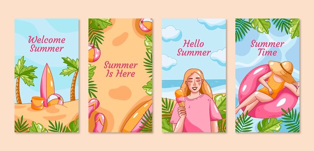 Colección de historias de Instagram de verano dibujadas a mano