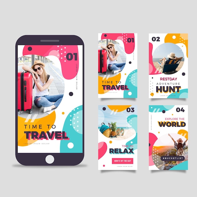 Vector gratuito colección de historias de instagram de viajes planos