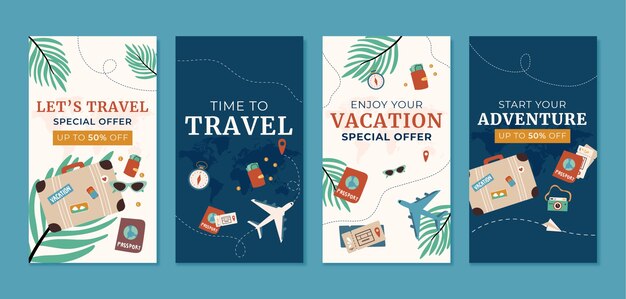 Vector gratuito colección de historias planas de instagram para agencia de viajes