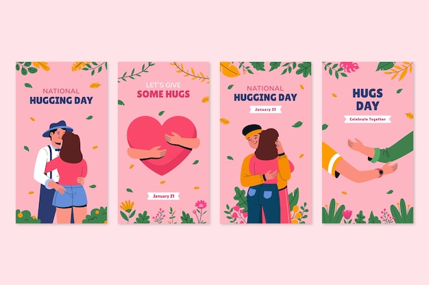 Vector gratuito colección de historias planas de instagram para la celebración del día del abrazo