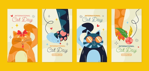 Vector gratuito colección de historias planas de instagram para la celebración del día internacional del gato